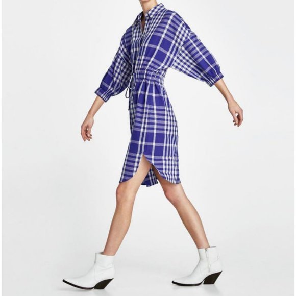 Zara Woman Linen Blend Plaid Tunic Shirt Dress XS - Picture 2 of 7